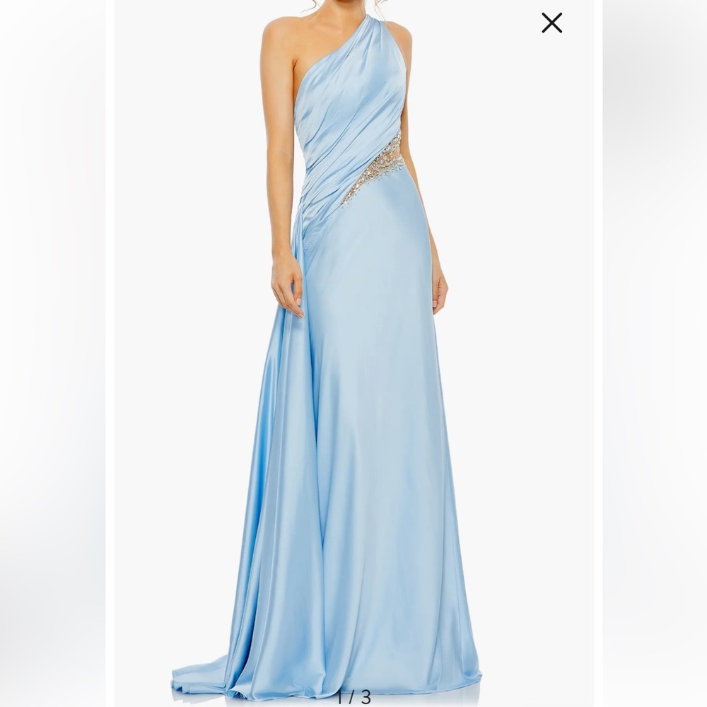 Mac Duggal One-Shoulder Baby Blue Satin Maxi Gown with Embellished Waist